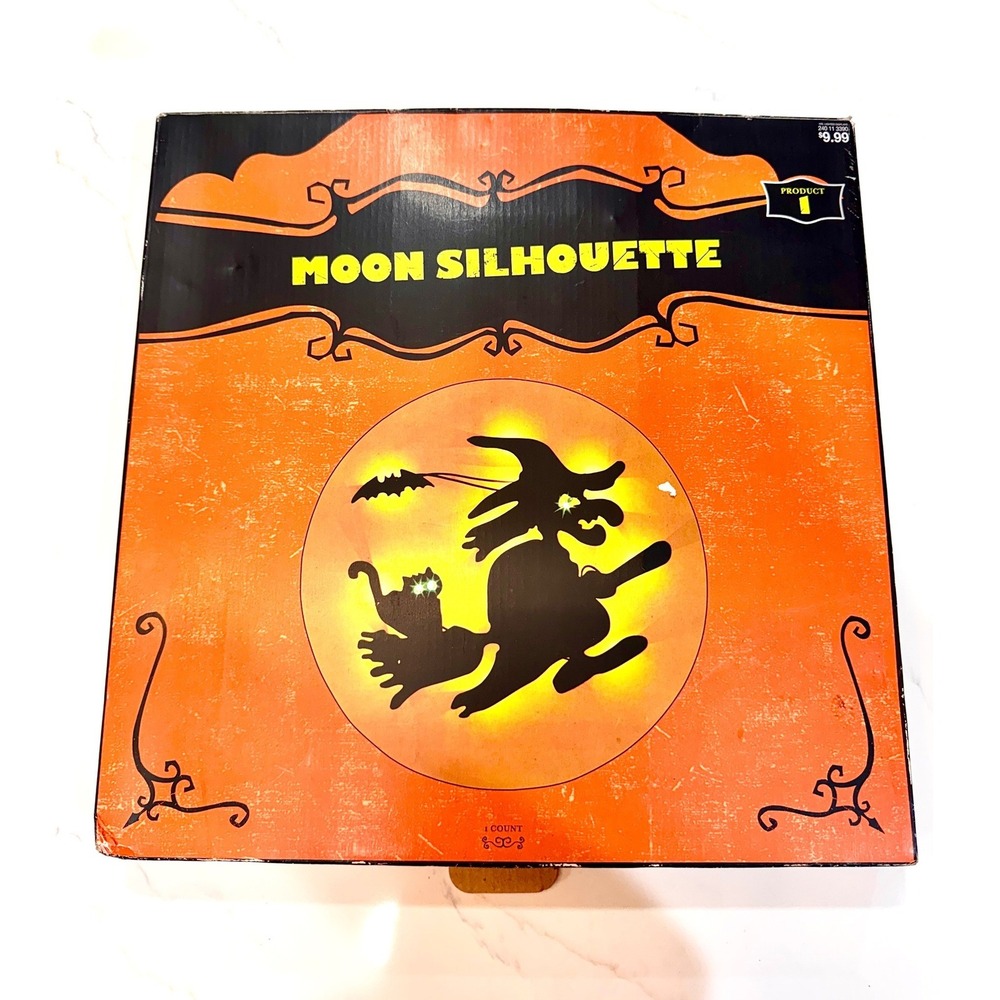 Vintage 2007 Target Halloween Moon Silhouette Witch Cat Window Light 15in